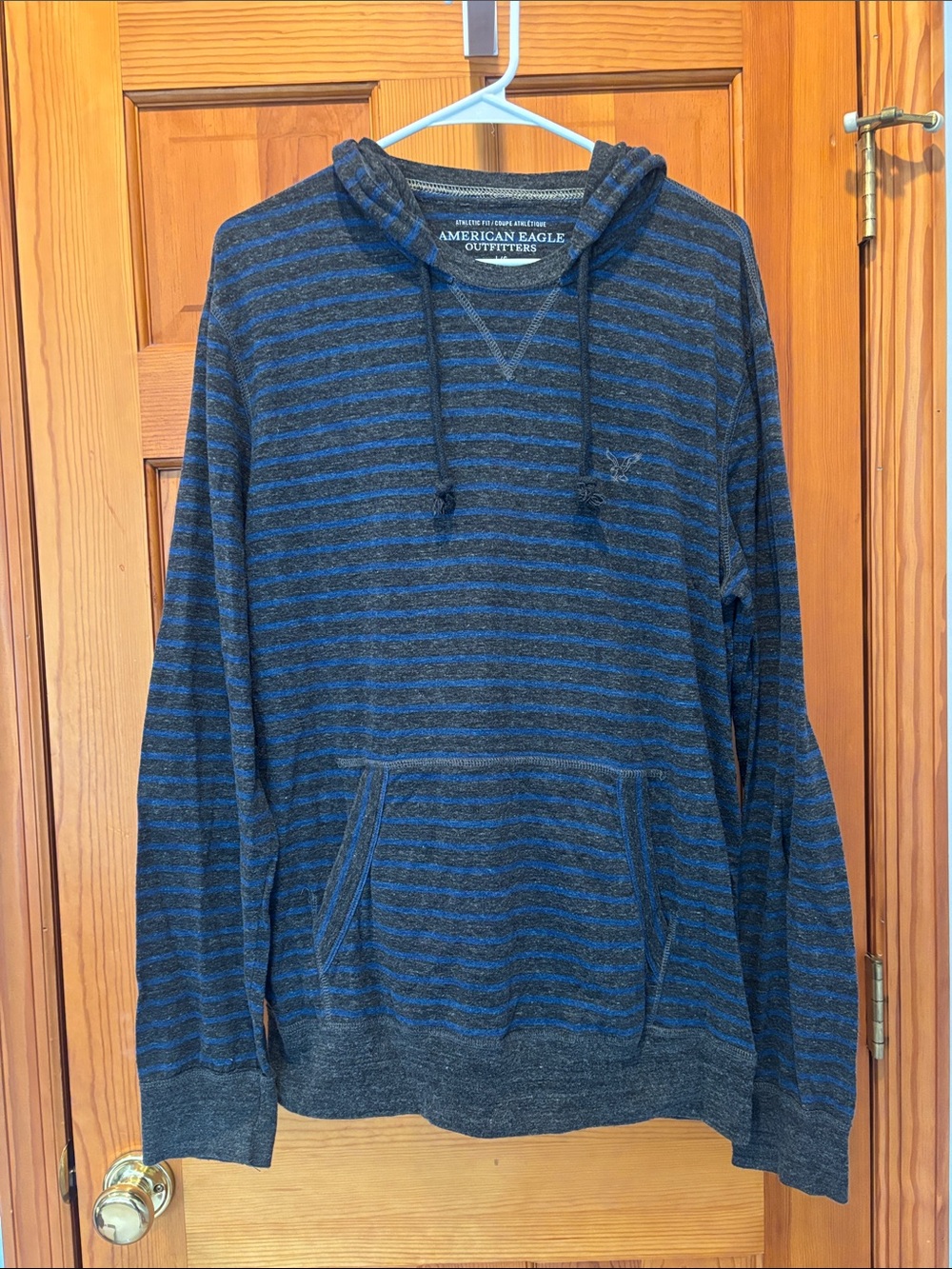 American Eagle Men's Gray & Blue Striped Hooded Long Sleeve T Shirt Size Large